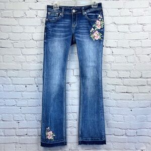 Grace in LA Boho Floral Embroidered Stretch Denim Jeans Raw Hem Sz 27